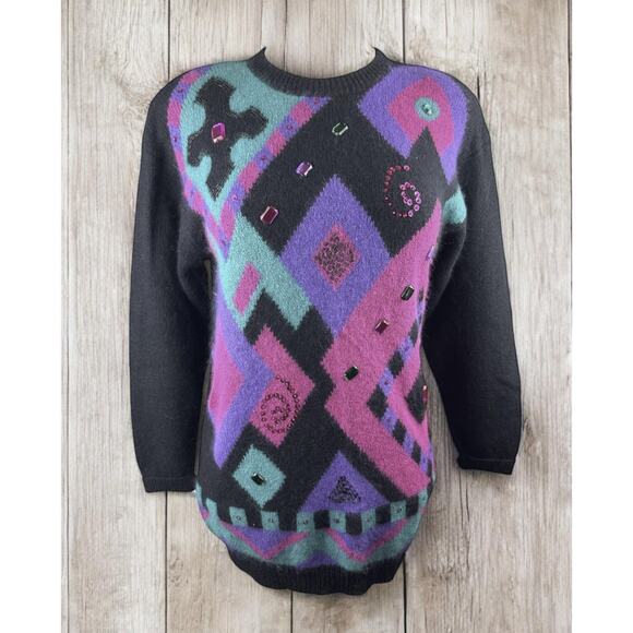 Vtg Retro I.B. Diffusion Artsy Embellished Jeweled Geometric Sweater Size Small - Picture 12 of 12
